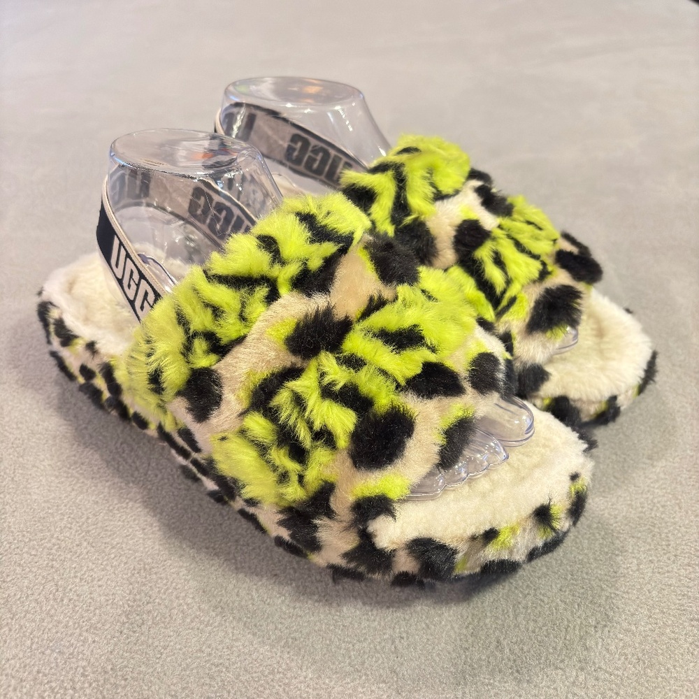 UGG Fluff Yeah Neon Leopard Shearling Platform Sl… - image 1